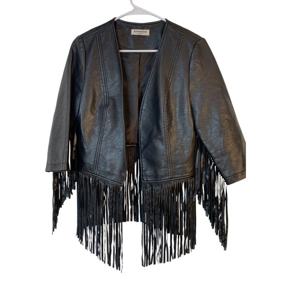 Glamorous S/M Jr Black Fringe Faux Leather Jacket Open Front 3/4 Sleeve RL10436 - Picture 2 of 11